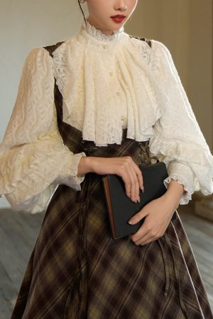 Royal Lace Blouse + Pinafore Plaid Dress