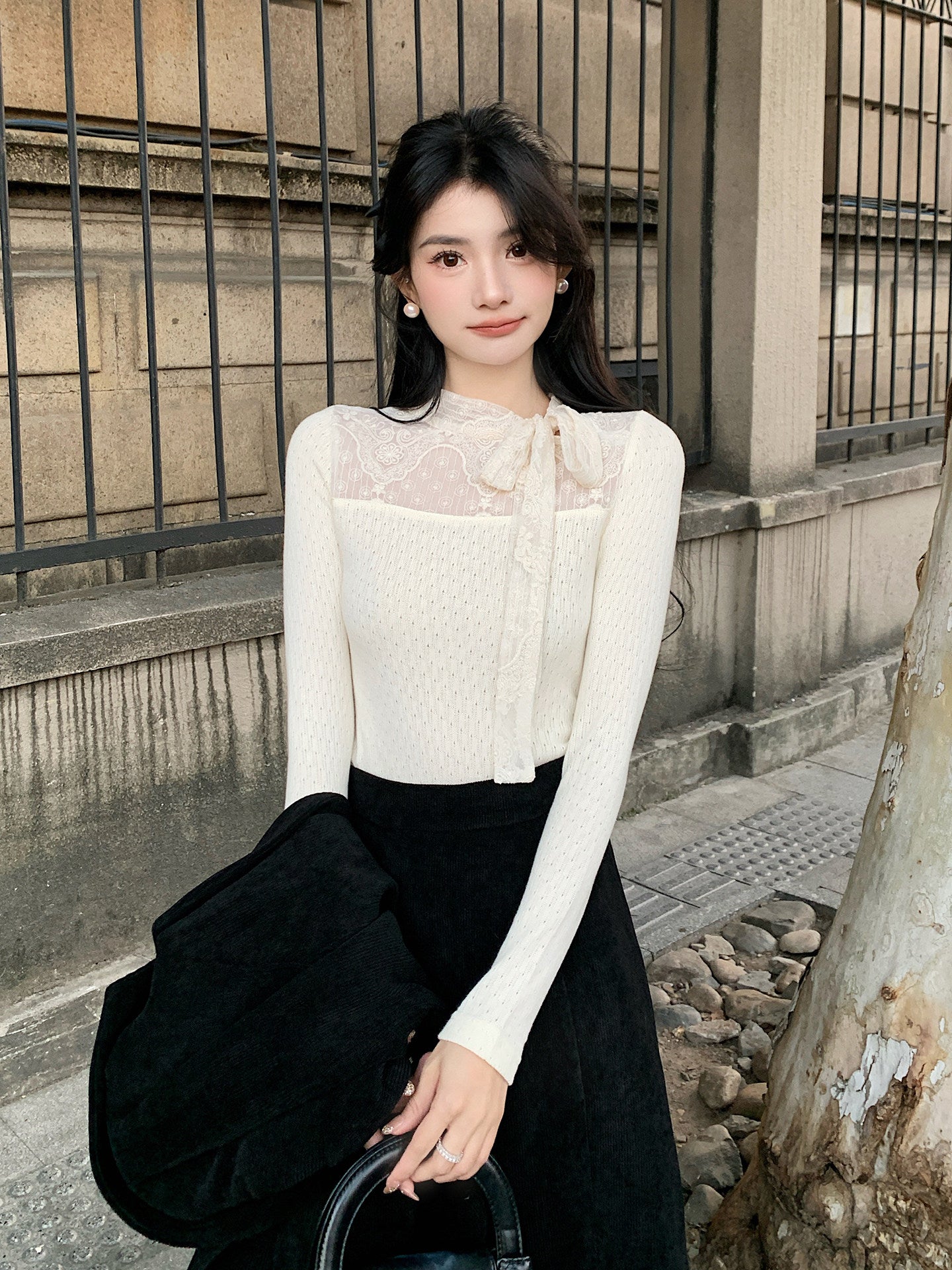 Elegant Black Corduroy Blazer + Fishtail Skirt 2pcs Set - Image 6