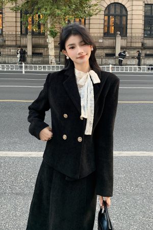 Elegant Black Corduroy Blazer + Fishtail Skirt 2pcs Set