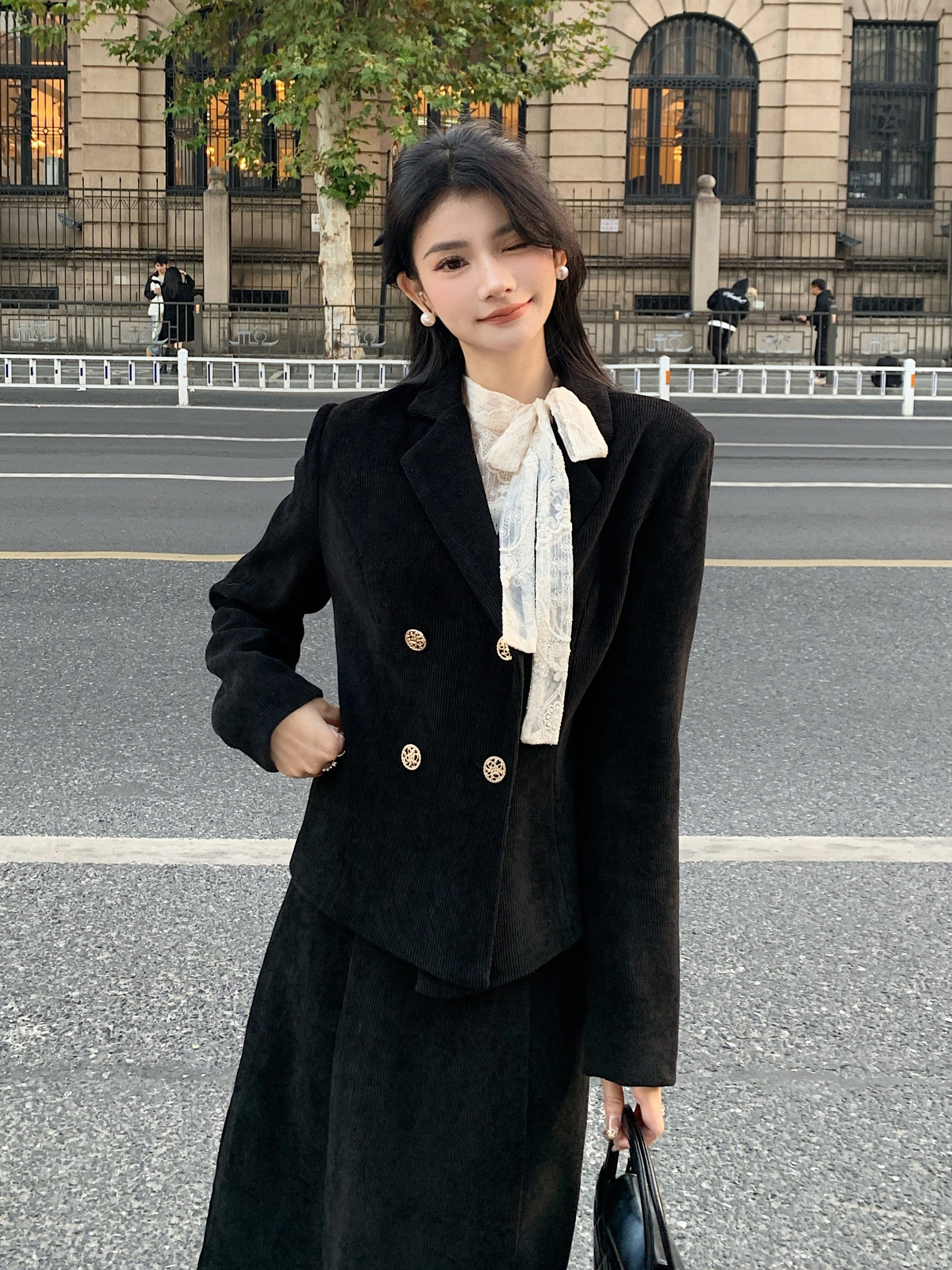 Elegant Black Corduroy Blazer + Fishtail Skirt 2pcs Set