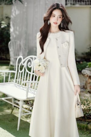 Elegant White Blazer + Dress 2pcs Set