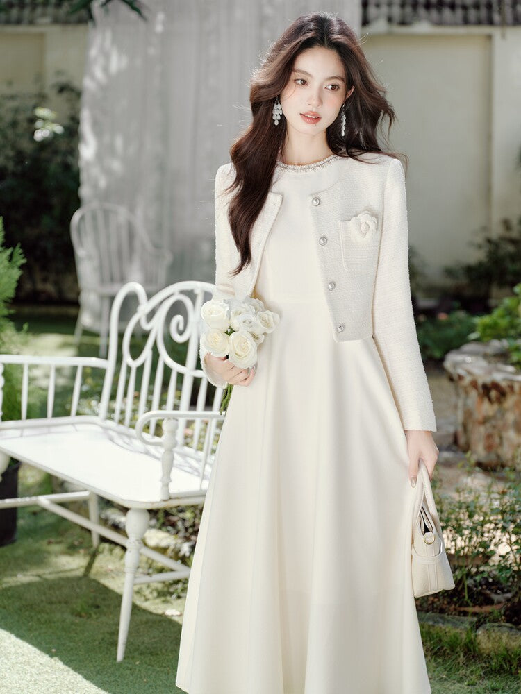 Elegant White Blazer + Dress 2pcs Set