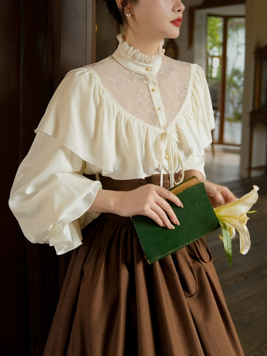 Vintage Royalcore Stand Collar Blouse + Lace Up Skirt - Image 4