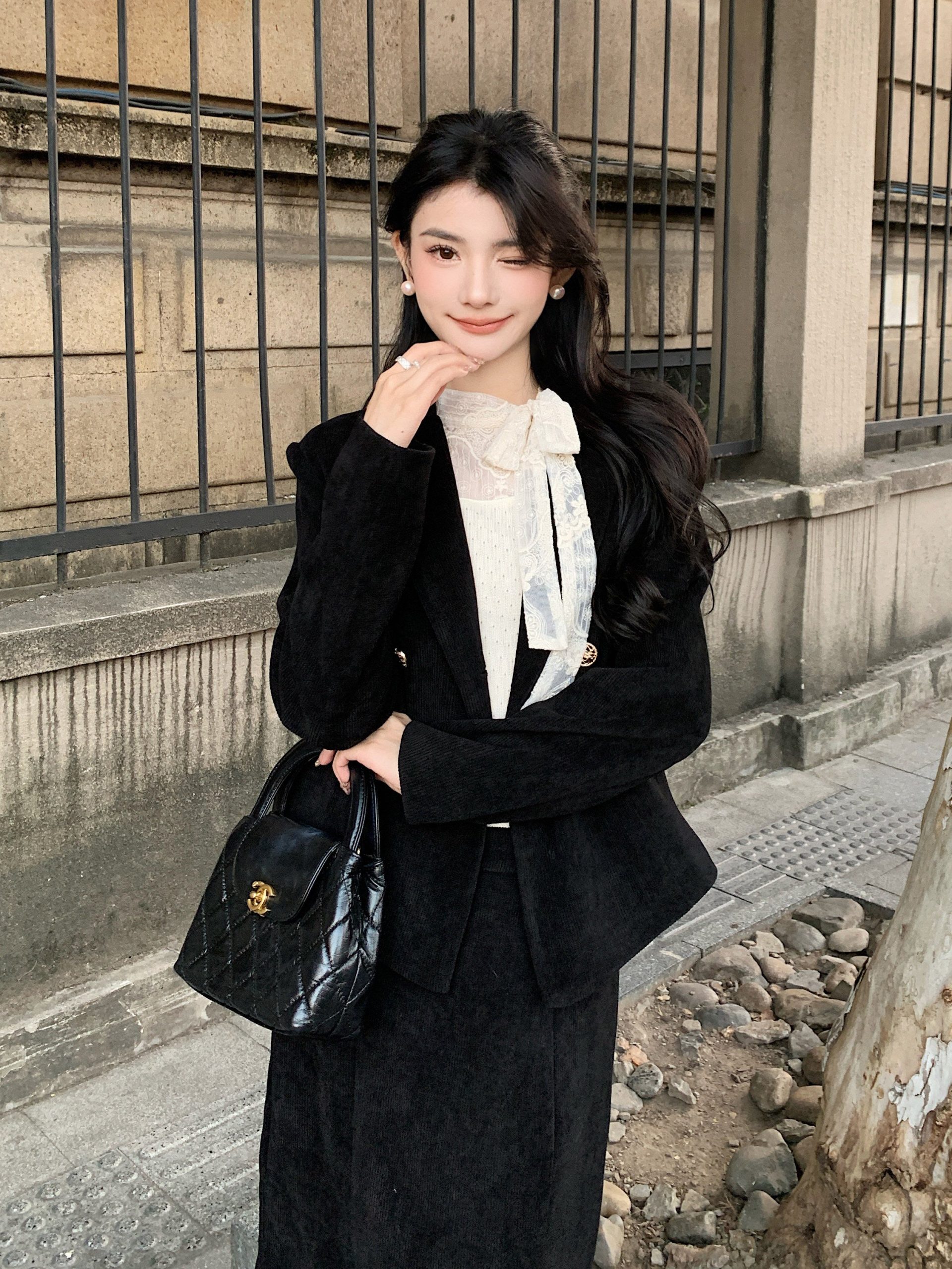 Elegant Black Corduroy Blazer + Fishtail Skirt 2pcs Set - Image 2