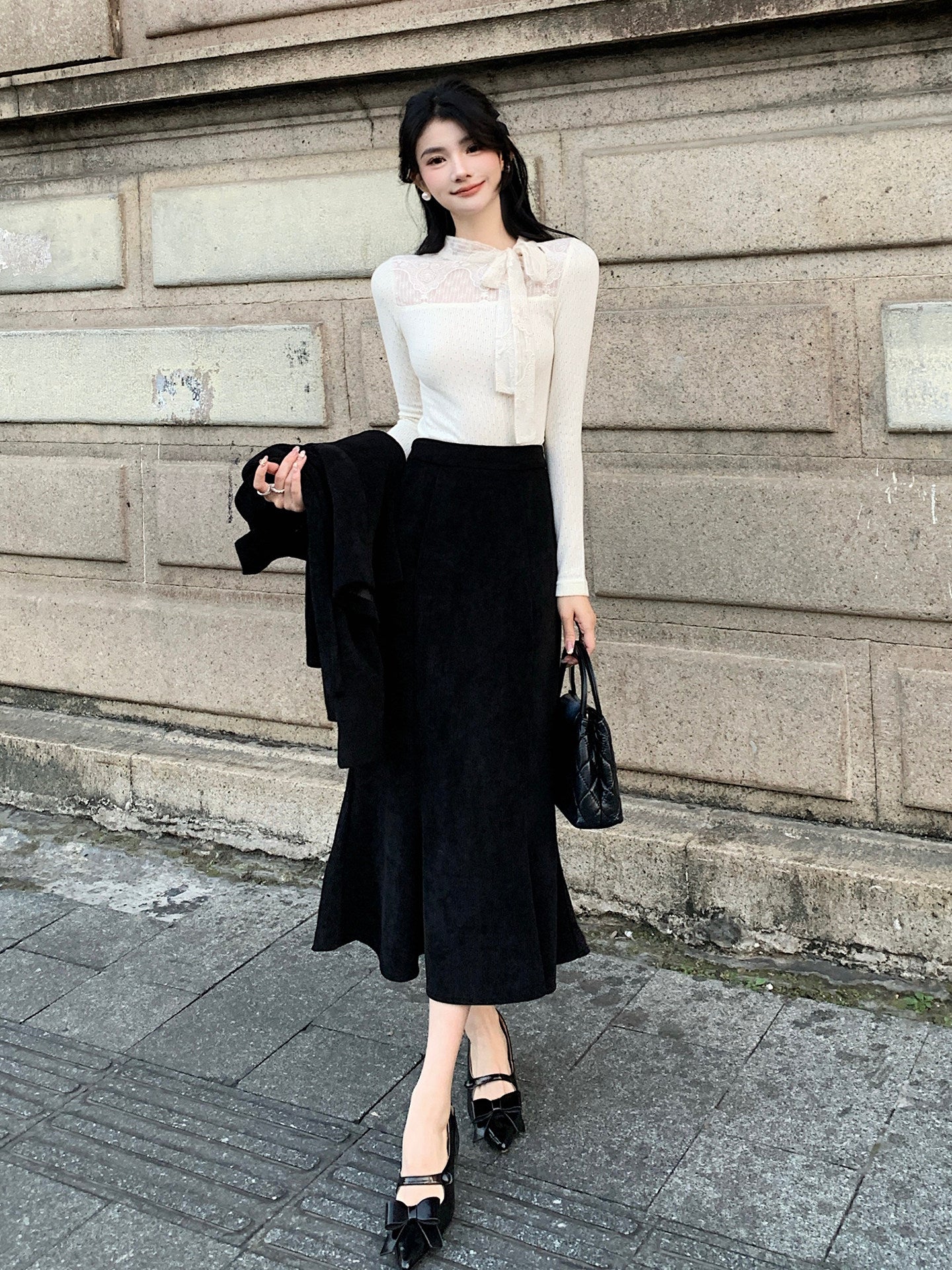 Elegant Black Corduroy Blazer + Fishtail Skirt 2pcs Set - Image 3