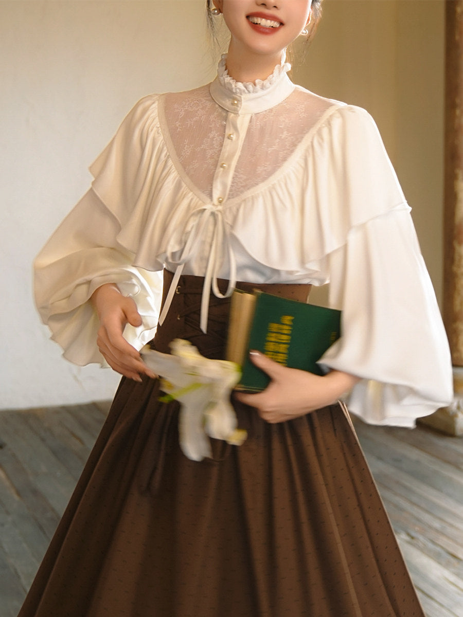 Vintage Royalcore Stand Collar Blouse + Lace Up Skirt - Image 5