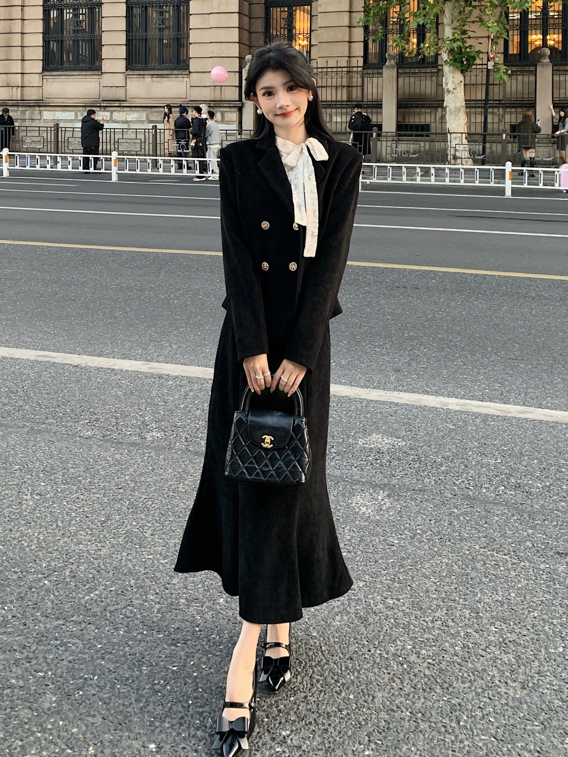 Elegant Black Corduroy Blazer + Fishtail Skirt 2pcs Set - Image 4