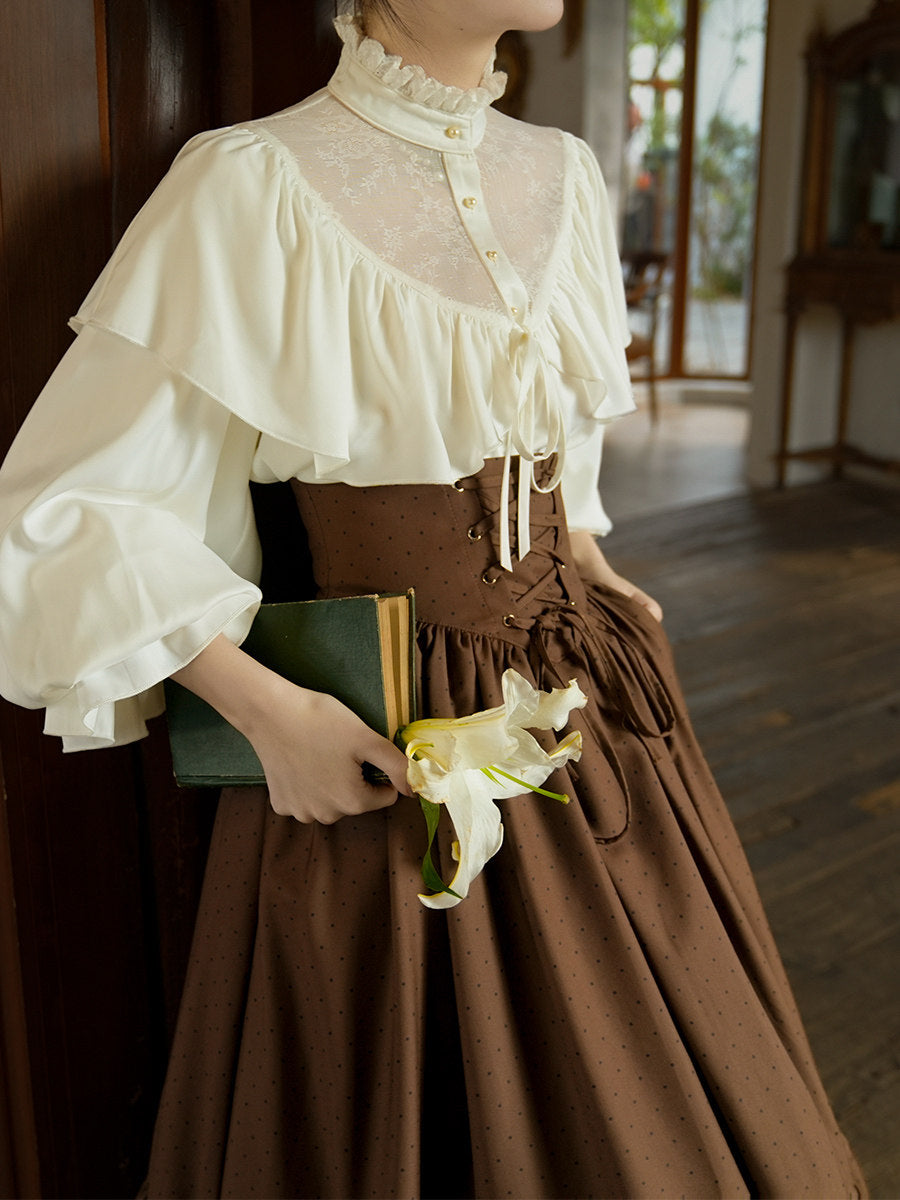 Vintage Royalcore Stand Collar Blouse + Lace Up Skirt - Image 7