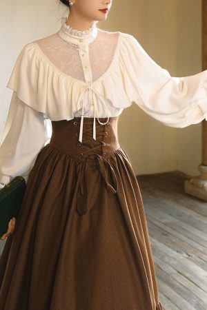 Vintage Royalcore Stand Collar Blouse + Lace Up Skirt