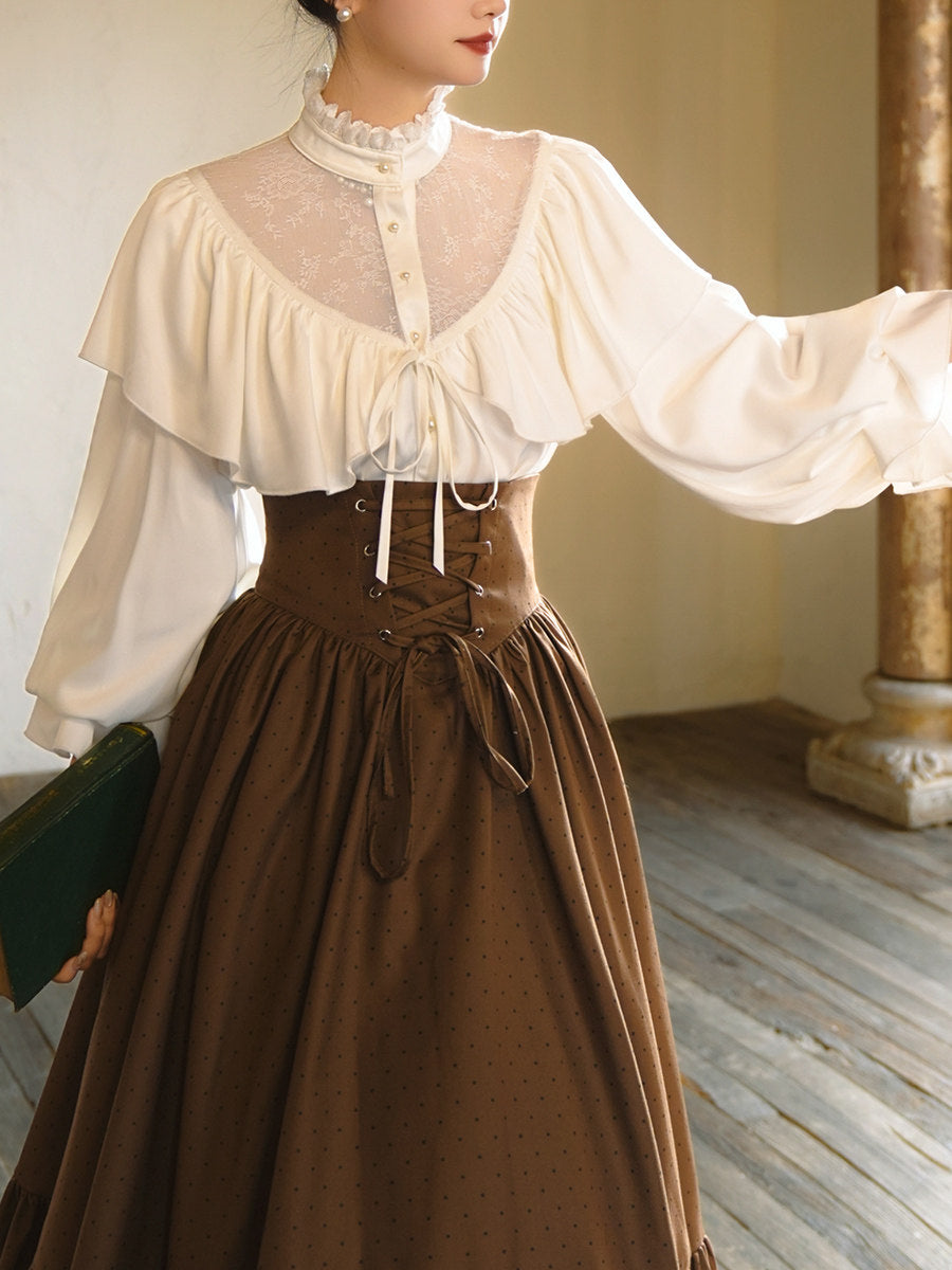 Vintage Royalcore Stand Collar Blouse + Lace Up Skirt