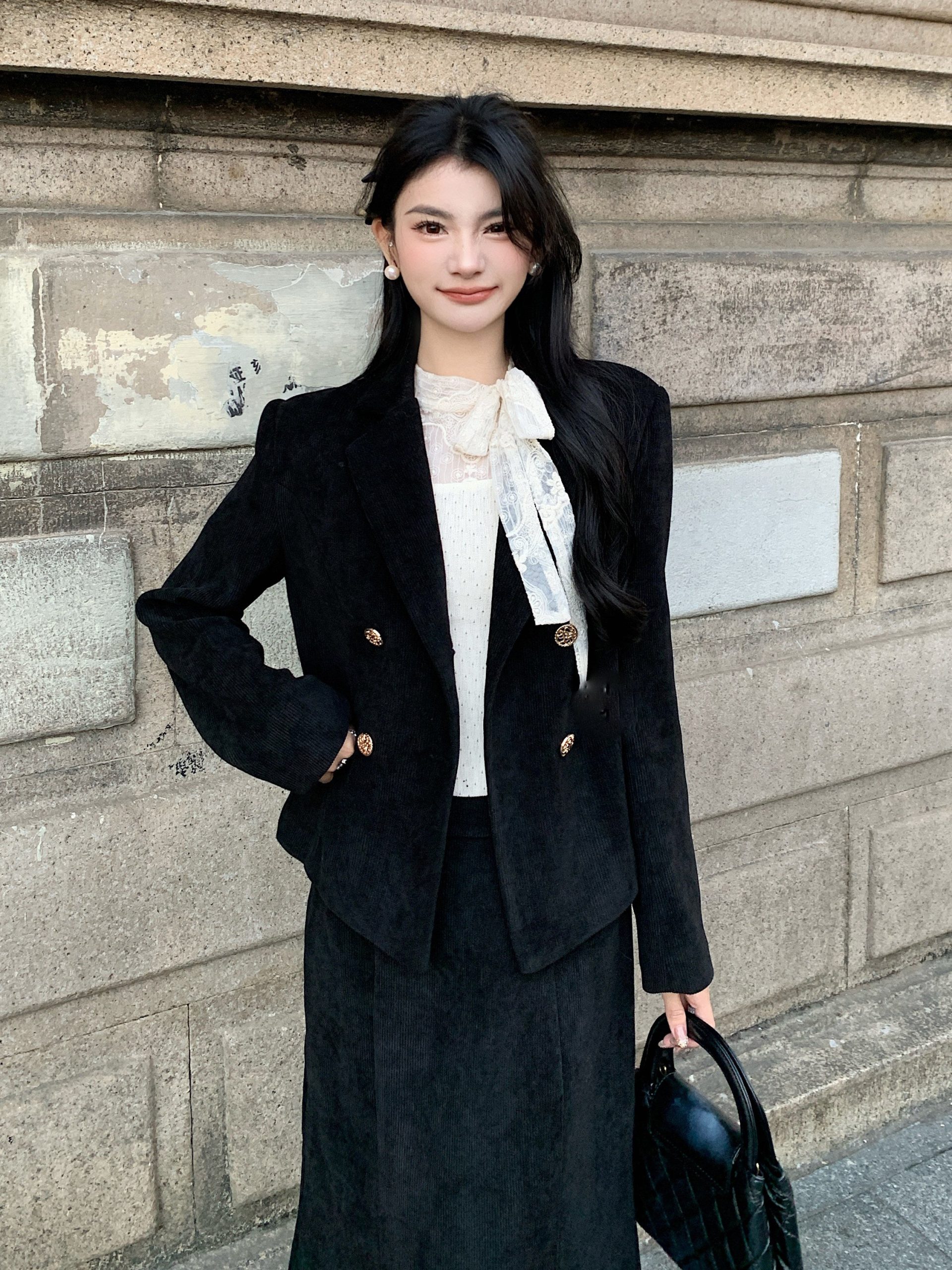 Elegant Black Corduroy Blazer + Fishtail Skirt 2pcs Set - Image 5