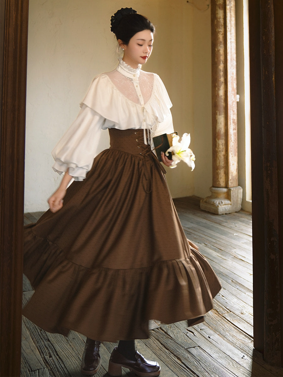 Vintage Royalcore Stand Collar Blouse + Lace Up Skirt - Image 2