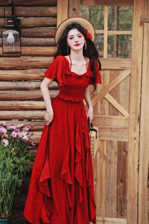 French Square Neck Ruffle Dress(Top+Skirt)