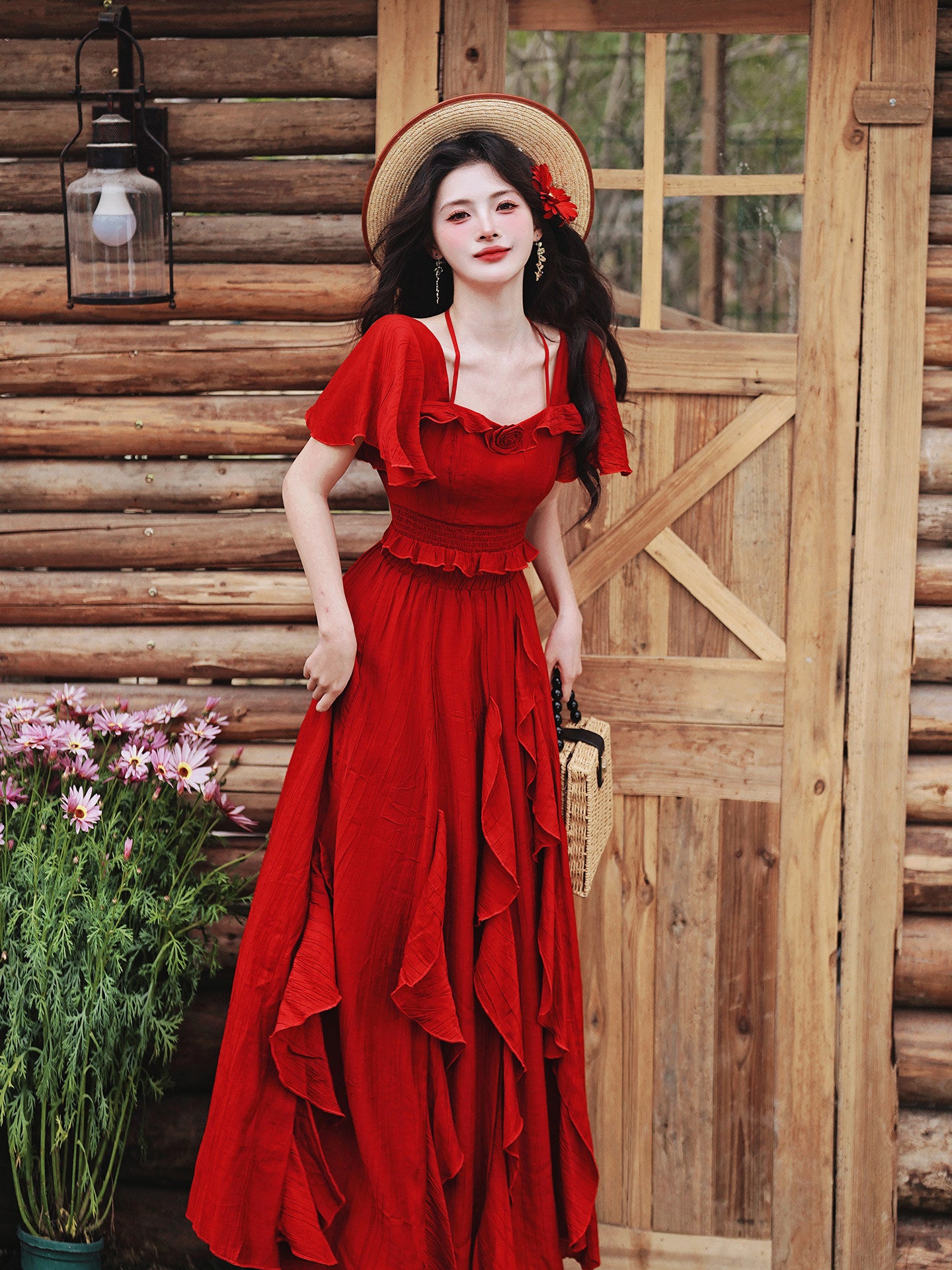 French Square Neck Ruffle Dress(Top+Skirt)